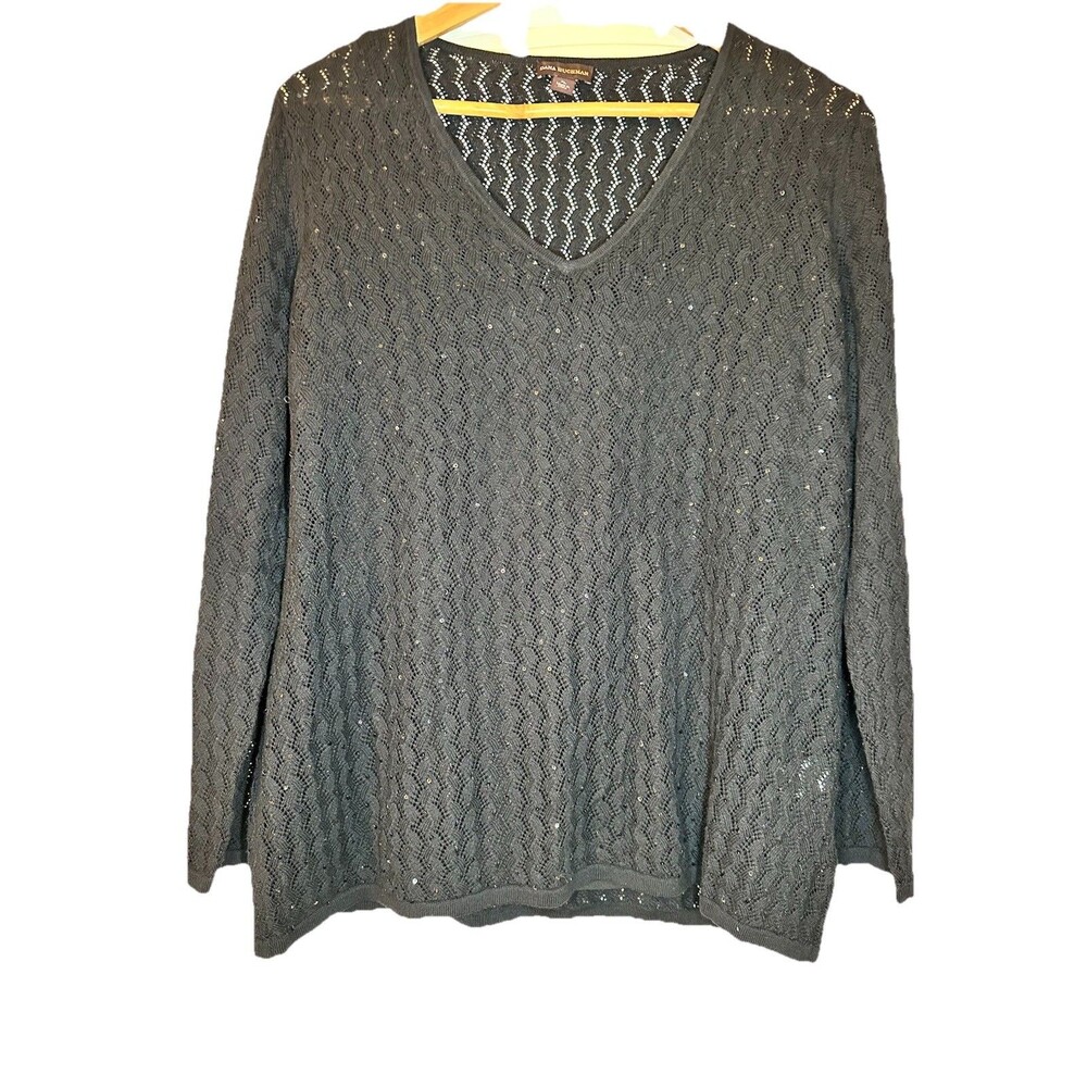 Dana Buchman woman Size XL Black l/S lined sequined V Neck Dressy Sweater Top